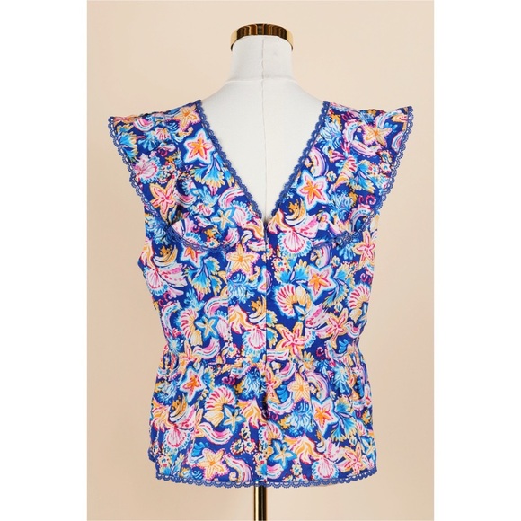 Sz L Nanette Lepore Blue Ocean Starfish Flutter Sleeve Peplum V-Neck Blouse EUC - Picture 3 of 4